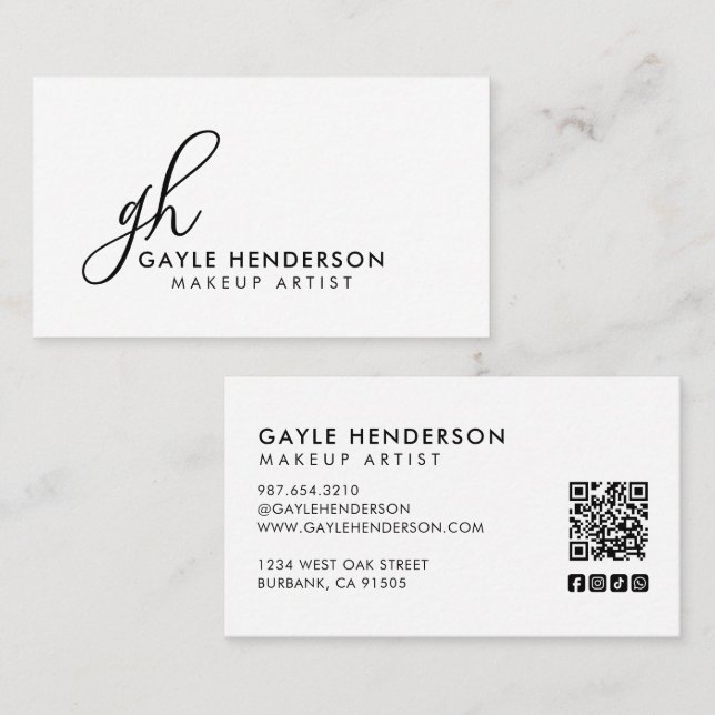 Black Script Social Icons QR Code Monogram Makeup Business Card (Front/Back)