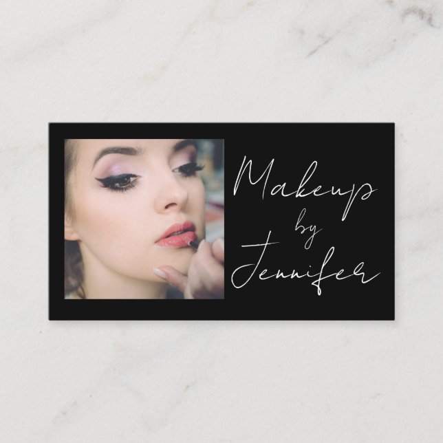 Black Script Social Icons QR Code Photo Makeup Bus Business Card (Front)