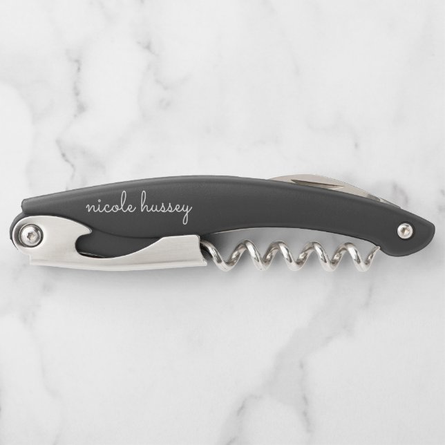 Black Script  | Stylish Monogram Modern Minimalist Corkscrew (Front)