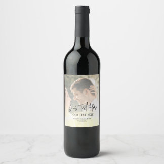 Black Script Text With Vintage Photo Wedding  Wine Label