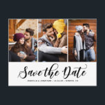 Black Script Three Photo Collage Save the Date Announcement Postcard<br><div class="desc">Announce your wedding day with this modern and whimsical three-photo collage save the date postcard. This customisable photo postcard features nlack modern calligraphy overlay. This design is also available on other cards and colours.</div>