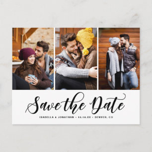 Black Script Three Photo Collage Save the Date Announcement Postcard
