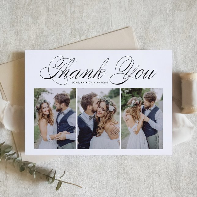 Black Script Three Photo Collage Wedding Thank You Card (Creator Uploaded)