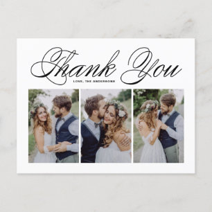 Black Script Three Photo Collage Wedding Thank You Postcard