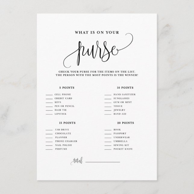 Black Script What's in Your Purse Shower Game Enclosure Card (Front)