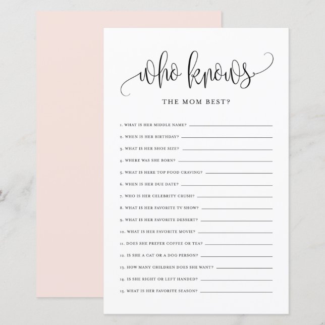 Black Script Who Knows Mum Best Baby Shower Game (Front/Back)