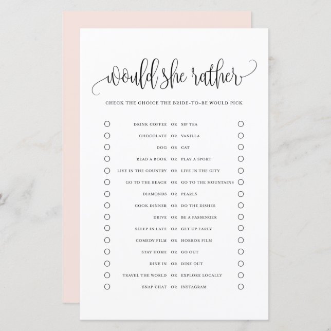 Black Script Would She Rather Bridal Shower Game (Front/Back)