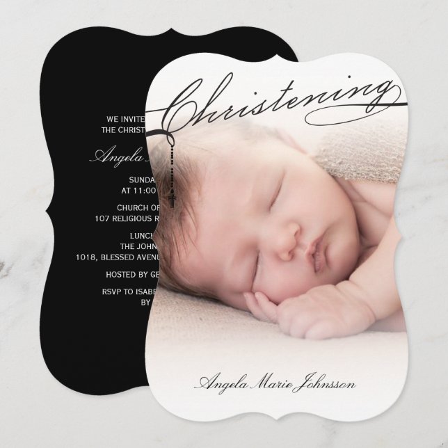 Black Scripted Christening Cross Photo Religious Invitation (Front/Back)
