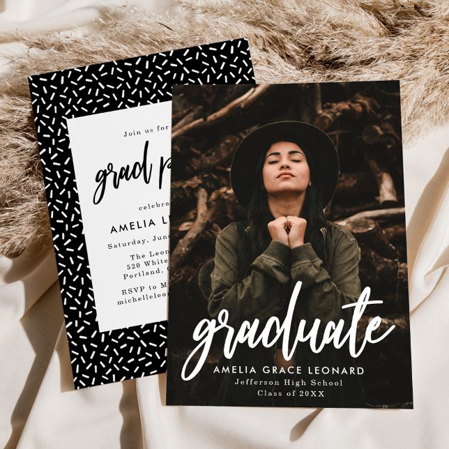 Black | Scripted Photo Graduation Party Invitation (Creator Uploaded)