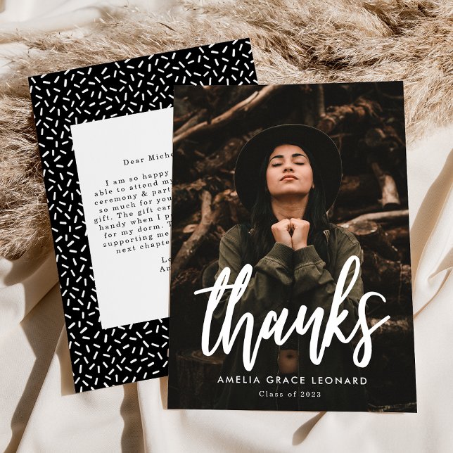Black | Scripted Photo Graduation Thank You Card (Creator Uploaded)