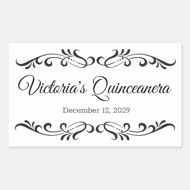 Black scrolls, custom Quinceanera party logo Rectangular Sticker (Front)