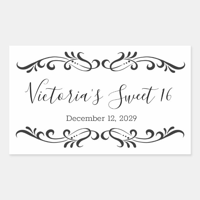 Black scrolls, custom Sweet 16 party logo Rectangular Sticker (Front)