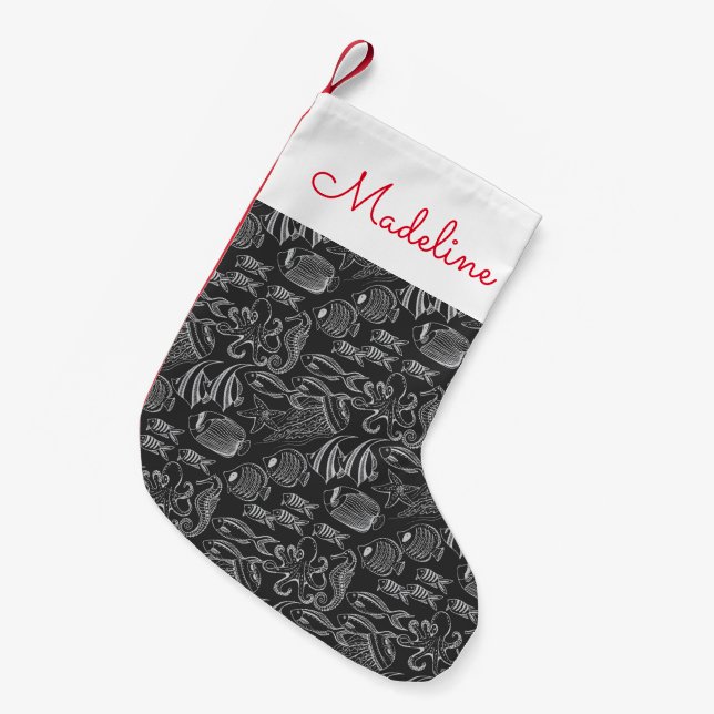Black Sea Pattern | Add Your Name Small Christmas Stocking (Front (Hanging))