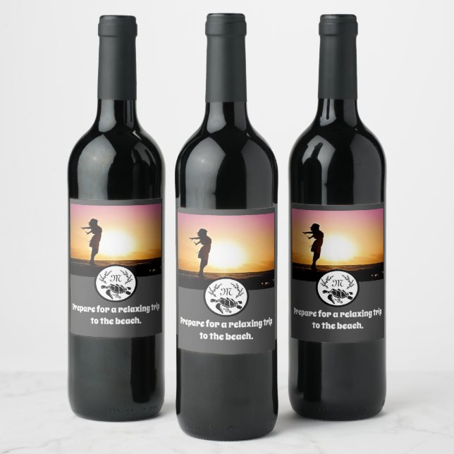 Black Sea Turtle Silhouette Monogram Photo Wine Label (Bottles)