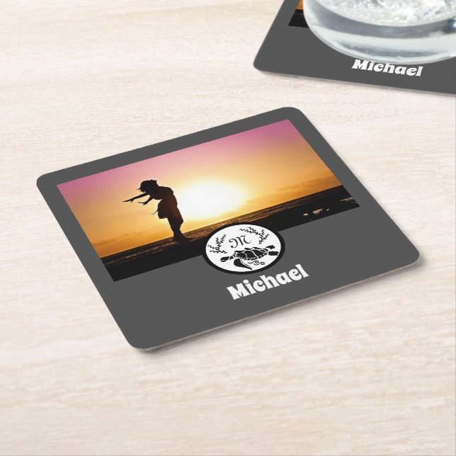 Black Sea Turtle Silhouette Photo Monogram Square Paper Coaster (Angled)