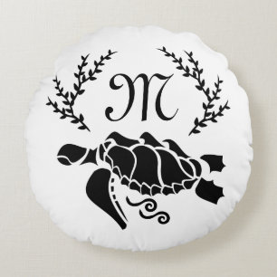 Black Sea Turtle Silhouette Side View Round Cushion