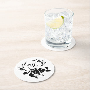 Black Sea Turtle Silhouette Side View Round Paper Coaster
