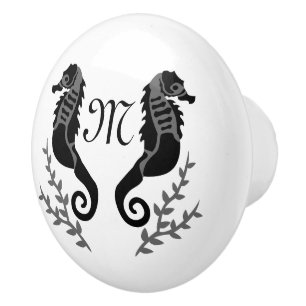 Black Seahorse Silhouette Monogram Ceramic Knob