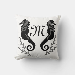 Black Seahorse Silhouette Monogram Cushion