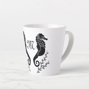 Black Seahorse Silhouette Monogram Latte Mug