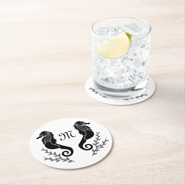 Black Seahorse Silhouette Monogram Round Paper Coaster (Insitu)