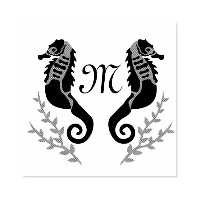 Black Seahorse Silhouette Monogram Rubber Stamp (Imprint)