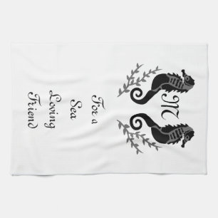 Black Seahorse Silhouette Monogram Tea Towel