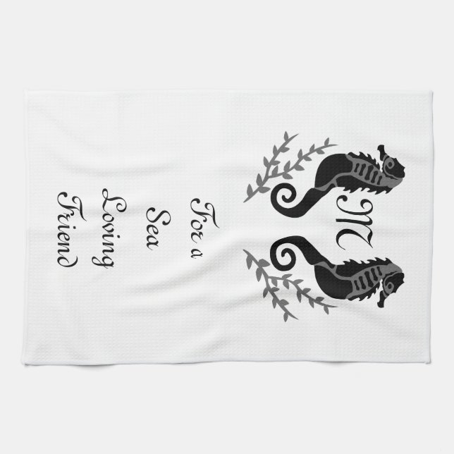 Black Seahorse Silhouette Monogram Tea Towel (Horizontal)