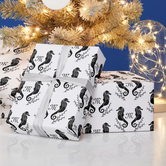 Black Seahorse Silhouette Monogram Wrapping Paper (Holidays)