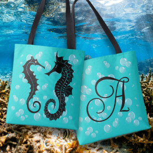Black Seahorses Monogram Initial Tote Bag