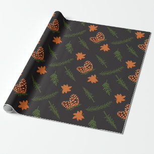 Black Seamless Wrapping Paper: Pine and Maple Leaf Paper