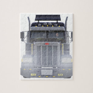 Black Semi Truck with Lights On in Front View Jigsaw Puzzle