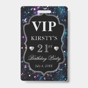 Black Sequins Glitter Vintage Frame Birthday VIP ID Badge