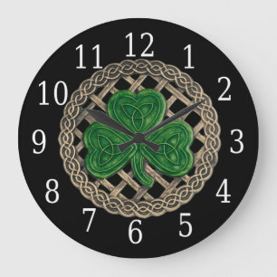 Black Shamrock And Celtic Knots Round Clock