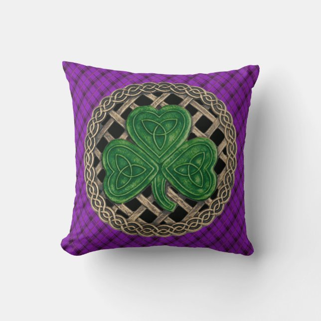 Black Shamrock Celtic Knots On Purple Plaid Cushion (Front)