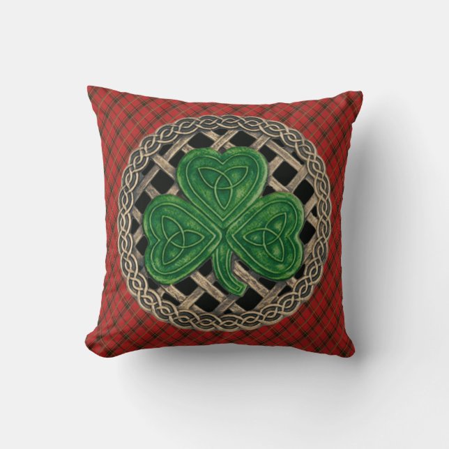 Black Shamrock Celtic Knots On Red Plaid Cushion (Front)