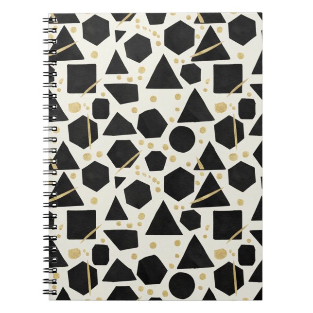 Black Shapes and Gold Confetti Pattern Notebook (Front)