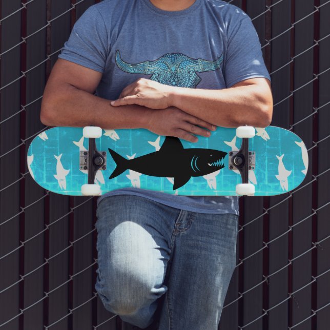 Black Shark Grey Shark Pattern Blue Background Skateboard (Outdoor 3)