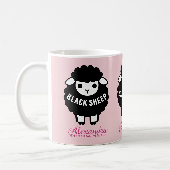 Black Sheep Pink Script Never Follows The Flock Coffee Mug (Left)