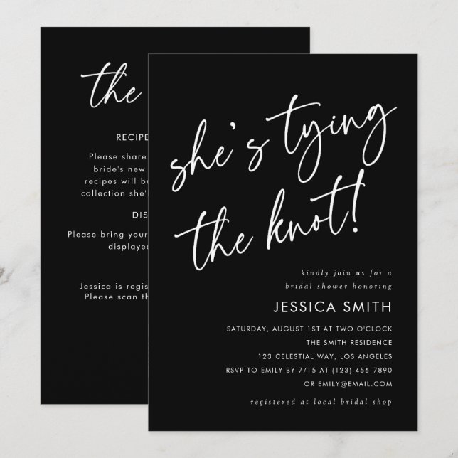 Black She's Tying the Knot QR Code Bridal Shower Invitation (Front/Back)