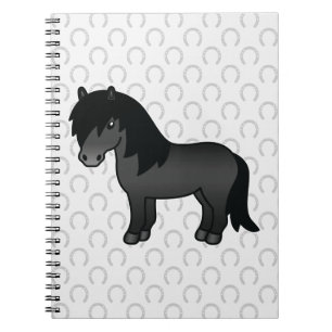 Black Shetland Pony Cartoon Drawing And Horseshoes Spiral Notebook