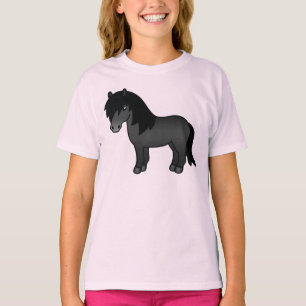 Black Shetland Pony Cute Cartoon Illustration T-Shirt