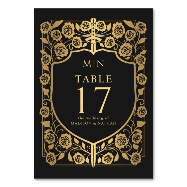 Black Shield Mediaeval Fantasy Monogram Wedding  Table Number (Front)