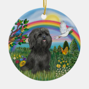 Black Shih Tzu at Rainbow Bridge With Butterfly Ceramic Tree Decoration