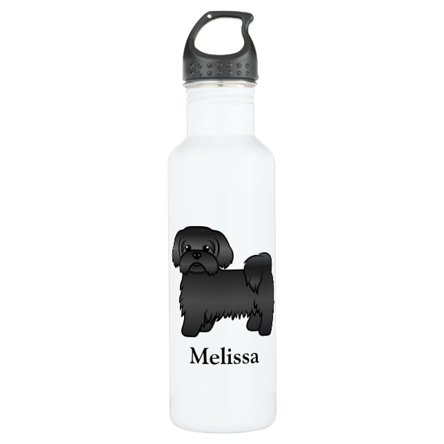 Black Shih Tzu Cute Cartoon Dog & Name 710 Ml Water Bottle (Front)