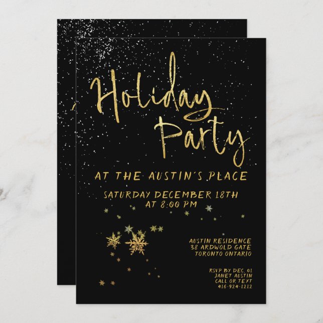 Black Shimmering Gold Calligraphy Holiday Party Invitation (Front/Back)