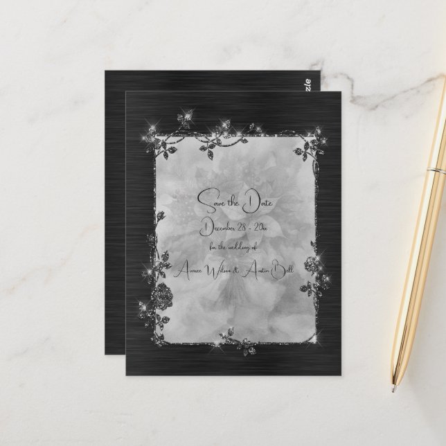 Black Shiny Elegant Sparkly Frame Save the Date Postcard (Front/Back In Situ)