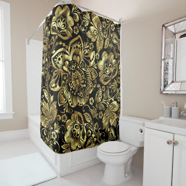 Black & Shiny Gold Floral Damasks Pattern Shower Curtain (In Situ)