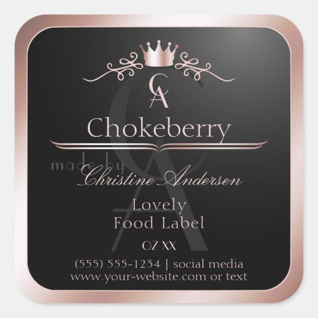 Black Shiny Product Label Rose Gold Frame Monogram (Front)