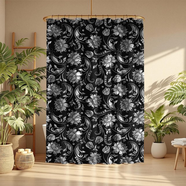 Black & Shiny Silver Tones Floral Damasks Shower Curtain (Creator Uploaded)